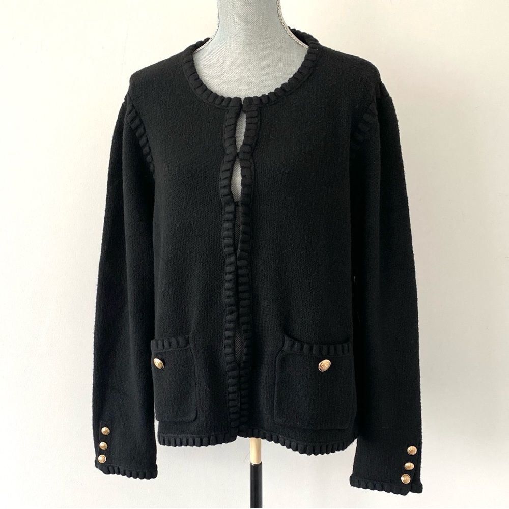 Aqua Black Cardigan Gold Tone Buttons Embellished Hem Academia OfficeCore Preppy